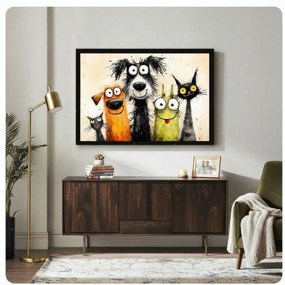 Humorous cartoon cats and dogs framed canvas print above dark wood sideboard – colorful pet wall art for living room or hallway