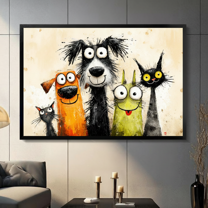 Funny cartoon cats and dogs canvas wall art in black frame displayed in modern dark grey living room – whimsical pet portrait print