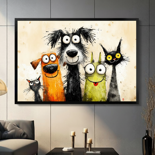 Funny cartoon cats and dogs canvas wall art in black frame displayed in modern dark grey living room – whimsical pet portrait print