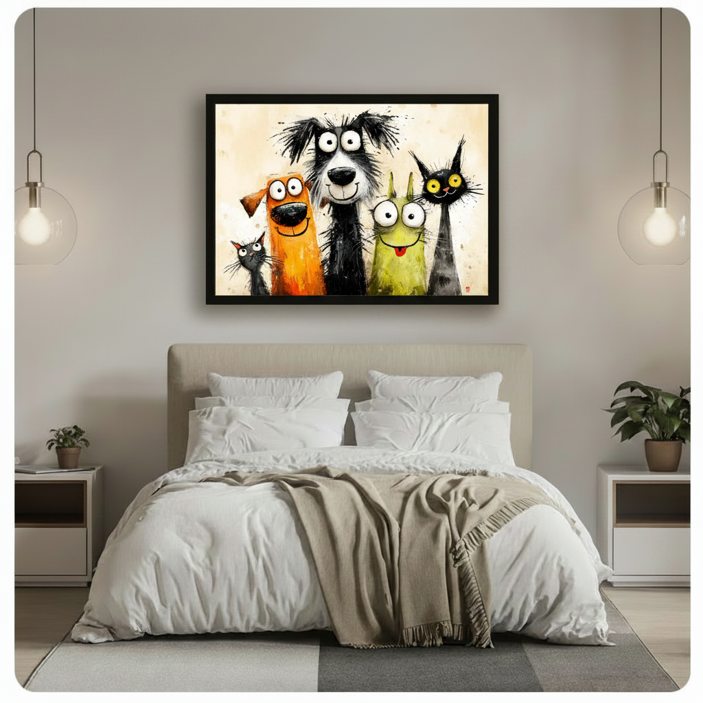 Framed funny cartoon cats and dogs wall art above bed in modern bedroom – playful pet portrait canvas print for bedroom decor