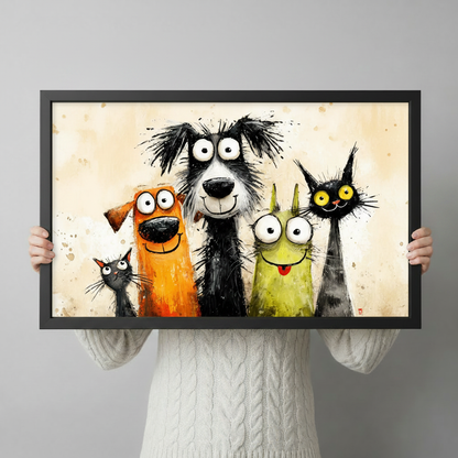 Person holding framed funny cartoon cats and dogs wall art canvas – humorous pet portrait print size reference