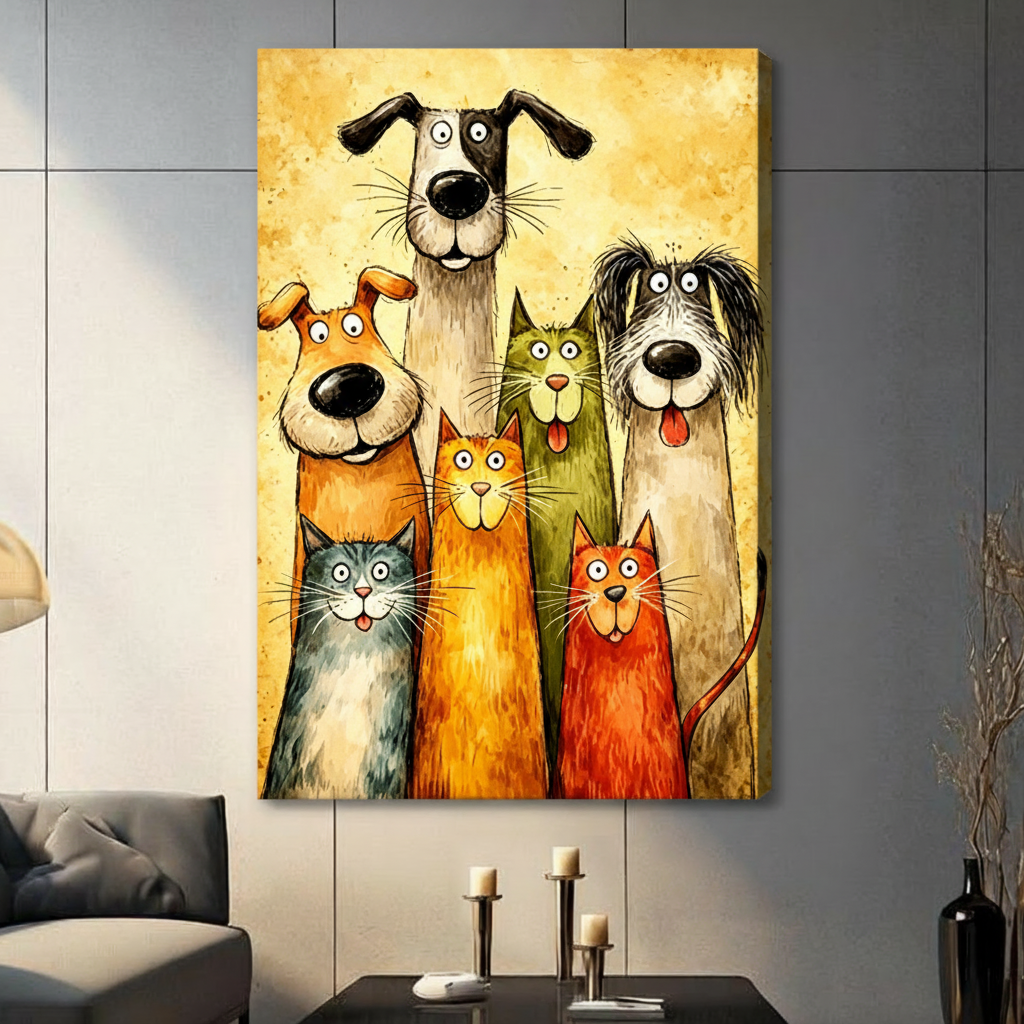 Whimsical cartoon painting of three cats and three dogs posing together as a group portrait with googly eyes and big noses on a golden yellow textured background funny pet wall art stretched canvas in living room with dark gray panel wall and dark sofa