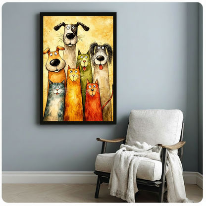 Whimsical cartoon painting of three cats and three dogs posing together as a group portrait with googly eyes and big noses on a golden yellow textured background funny pet wall art framed print beside linen armchair on blue-gray wall