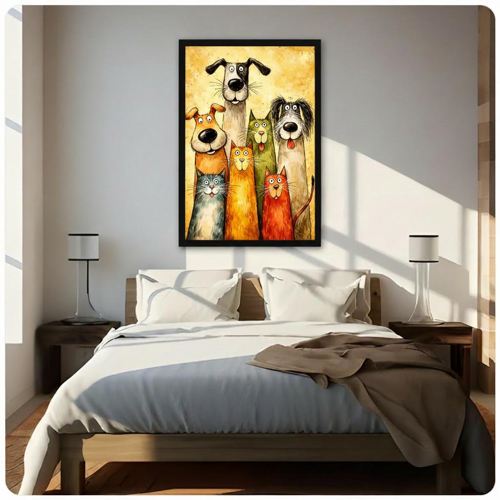 Whimsical cartoon painting of three cats and three dogs posing together as a group portrait with googly eyes and big noses on a golden yellow textured background funny pet wall art framed print above bedroom with white bedding and dark wood bedside tables
