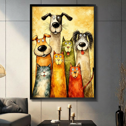 Whimsical cartoon painting of three cats and three dogs posing together as a group portrait with googly eyes and big noses on a golden yellow textured background funny pet wall art framed print in living room with dark gray panel wall and dark sofa