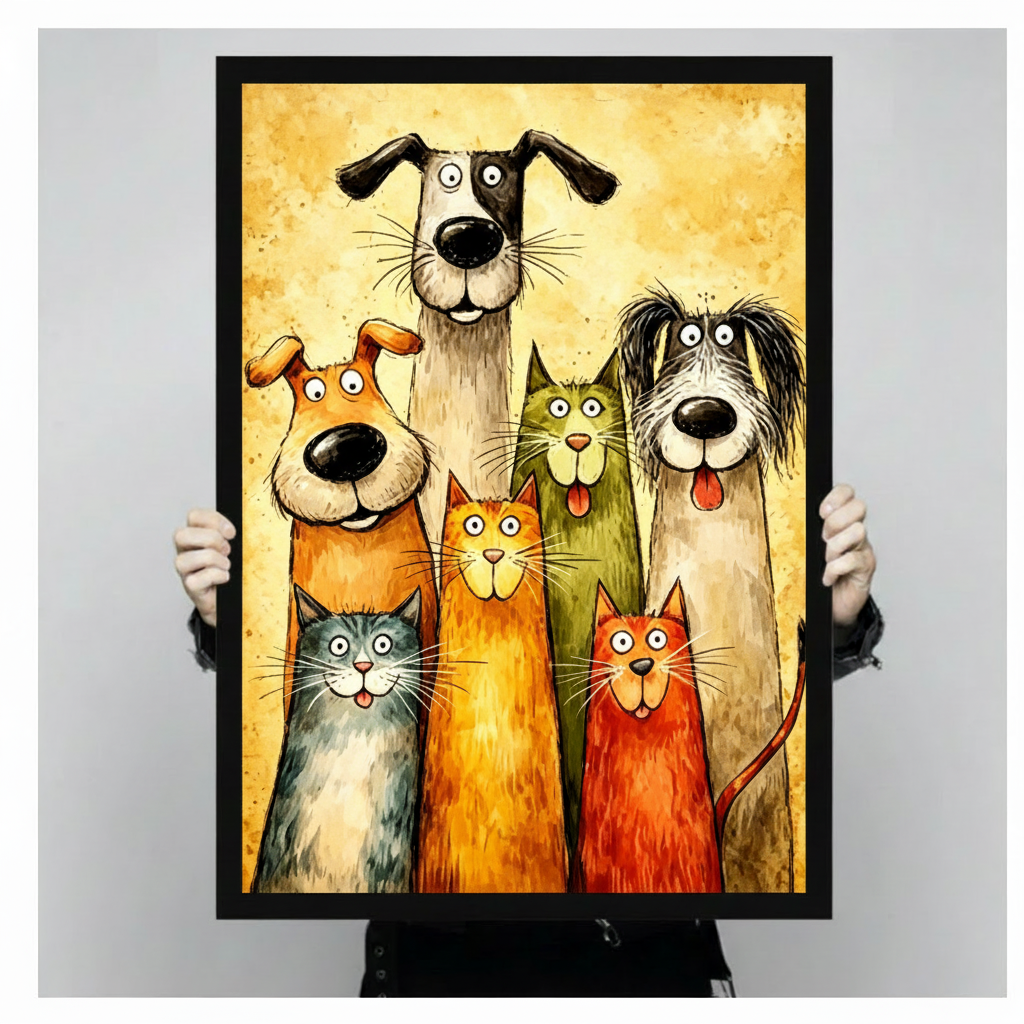 Whimsical cartoon painting of three cats and three dogs posing together as a group portrait with googly eyes and big noses on a golden yellow textured background funny pet wall art framed print held against light gray background