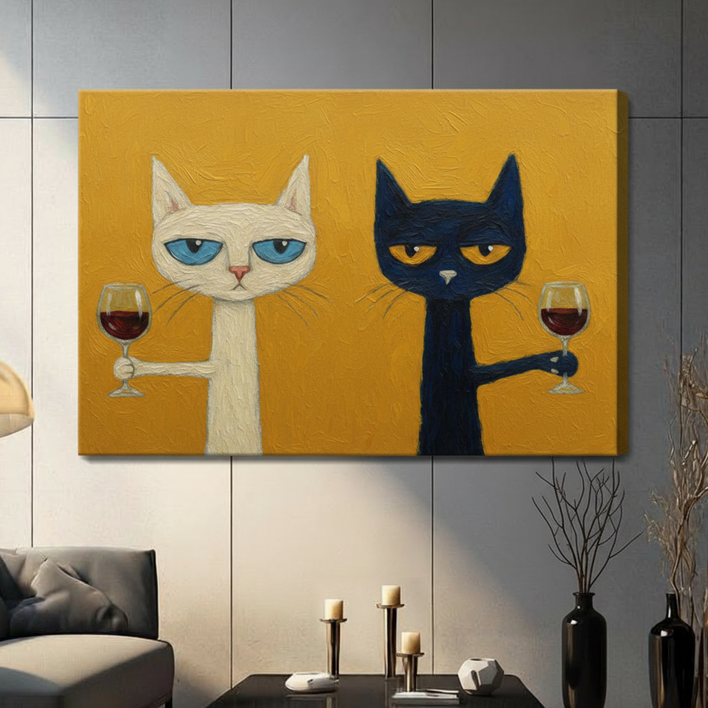 Stretched canvas funny cats drinking wine wall art featuring a deadpan white cat with blue eyes and a grumpy dark navy cat with amber eyes each raising a glass of red wine on a vibrant mustard yellow oil-textured background, hung above a dark sofa in a contemporary living room