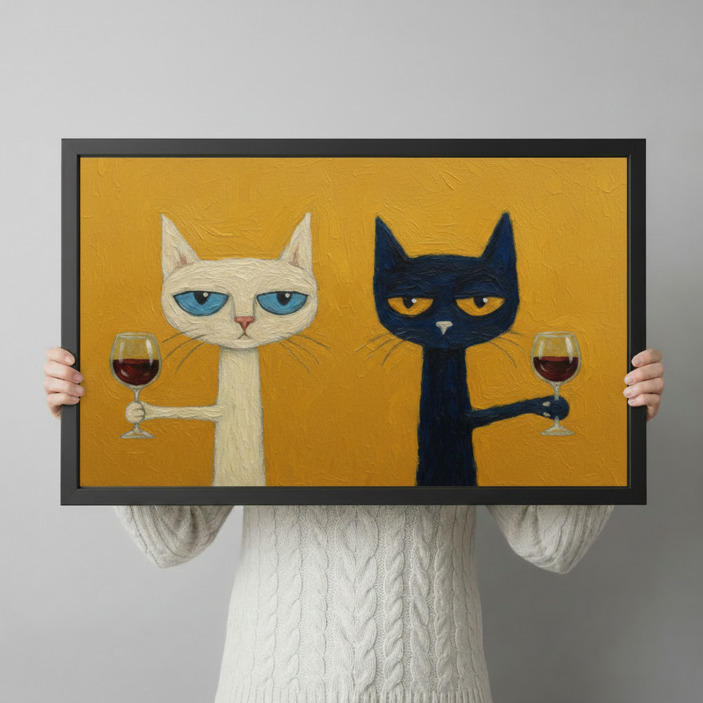 Person in a cream sweater holding a large horizontal black framed funny cats drinking wine canvas art print with a grumpy white blue-eyed cat and a sulky black golden-eyed cat each holding a red wine glass on a bold mustard yellow background