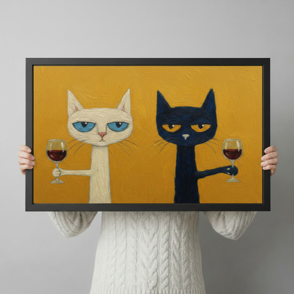 Person in a cream sweater holding a large horizontal black framed funny cats drinking wine canvas art print with a grumpy white blue-eyed cat and a sulky black golden-eyed cat each holding a red wine glass on a bold mustard yellow background