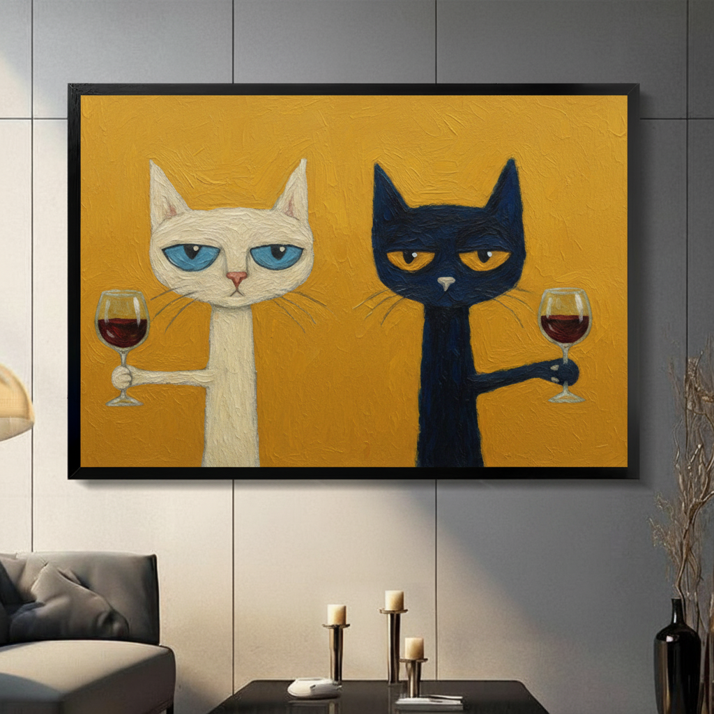 Black framed funny cats drinking wine canvas art with a grumpy white cat with blue eyes and a sulky black cat with golden eyes each holding a red wine glass on a bold mustard yellow textured background, hung above a dark sofa in a moody living room