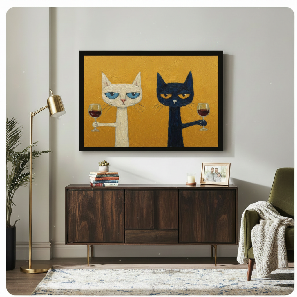 Black framed funny cats drinking wine canvas art showing a sulky white blue-eyed cat and a grumpy black amber-eyed cat each raising a red wine glass on a bold mustard yellow oil-painted background, displayed above a dark walnut sideboard with a gold floor lamp and olive green armchair