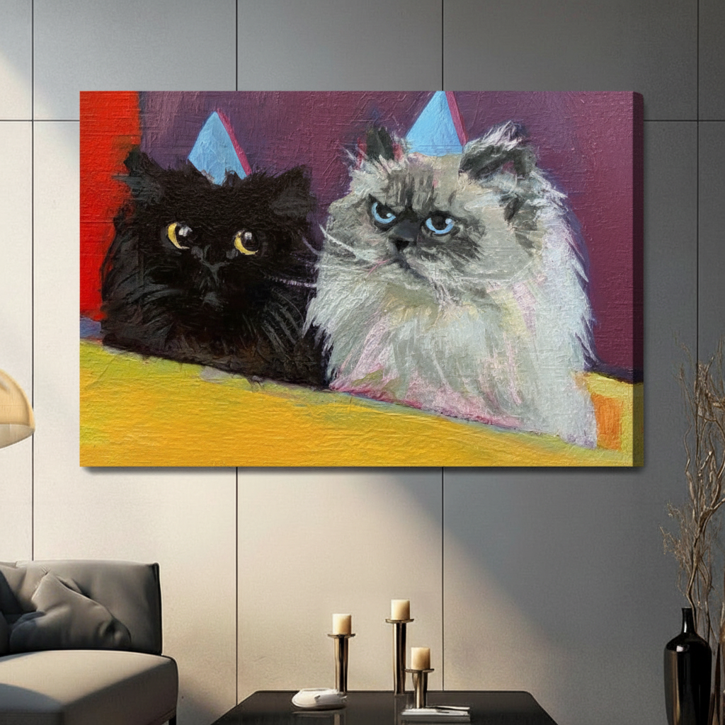 funny Persian cats party hats stretched canvas no frame gray wall eclectic decor