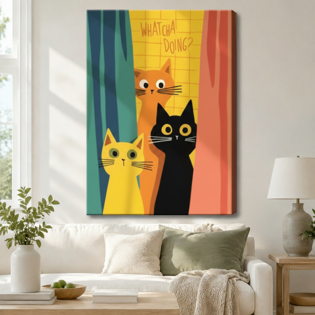 Stretched canvas funny cats Whatcha Doing wall art featuring three curious cartoon cats — a wide-eyed orange cat, a yellow cat, and a black cat with golden eyes — peeking through bold teal yellow and coral retro curtains, hung above a white sofa with sage green pillows in a bright living room