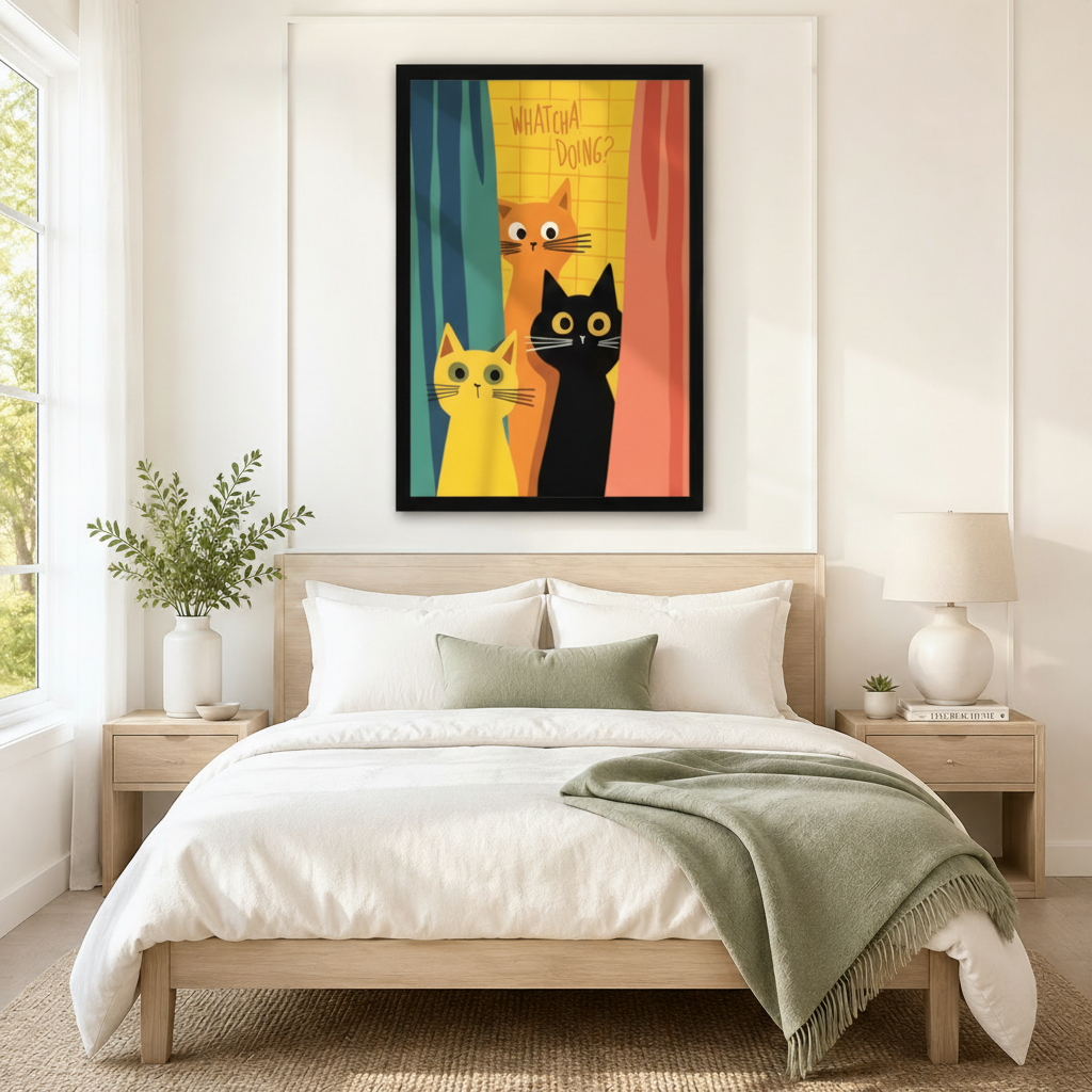 Black framed funny cats Whatcha Doing canvas art with three curious wide-eyed cartoon cats — orange, yellow, and black — peeking through colorful teal yellow and coral retro curtains, hung above a light wood bed with white linen bedding and a sage green throw in a serene Scandinavian bedroom