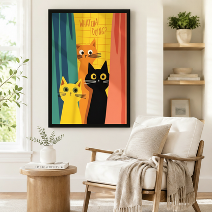 Black framed funny cats Whatcha Doing canvas art showing three nosy cartoon cats — orange, yellow, and black — with big round eyes peeking through colorful retro teal yellow and coral curtains, displayed beside a white linen armchair with a cream throw in a cozy reading nook