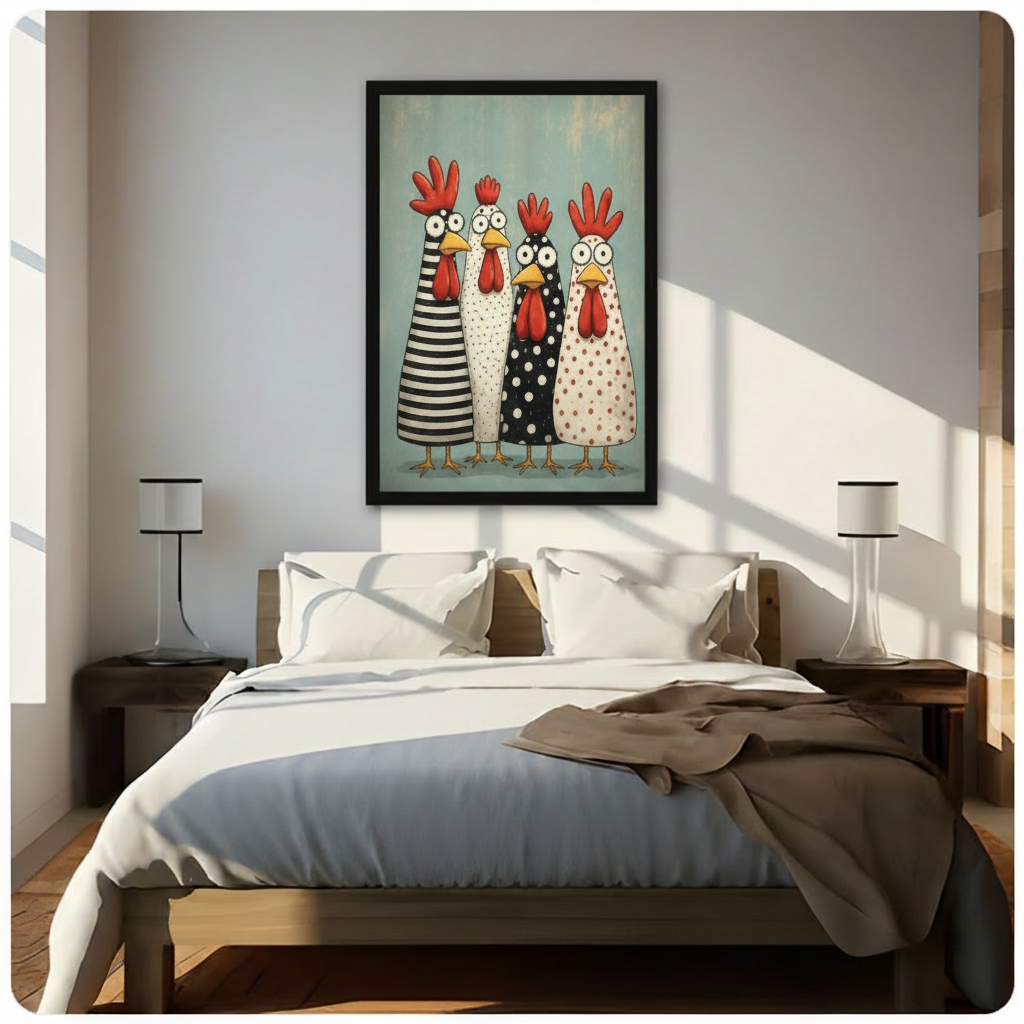 Funny patterned chicken folk art black framed canvas wall art above bed in bright bedroom with warm sunlight and wooden nightstands