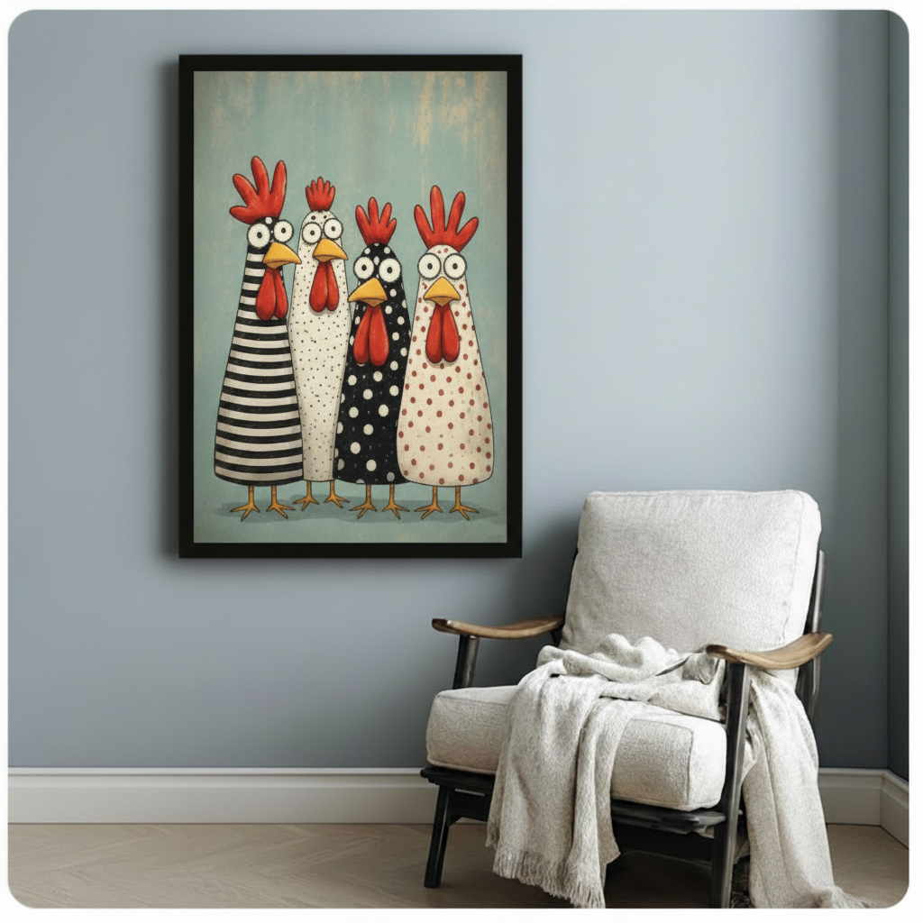Funny patterned chicken folk art black framed canvas wall art on light gray wall next to white linen armchair with draped blanket