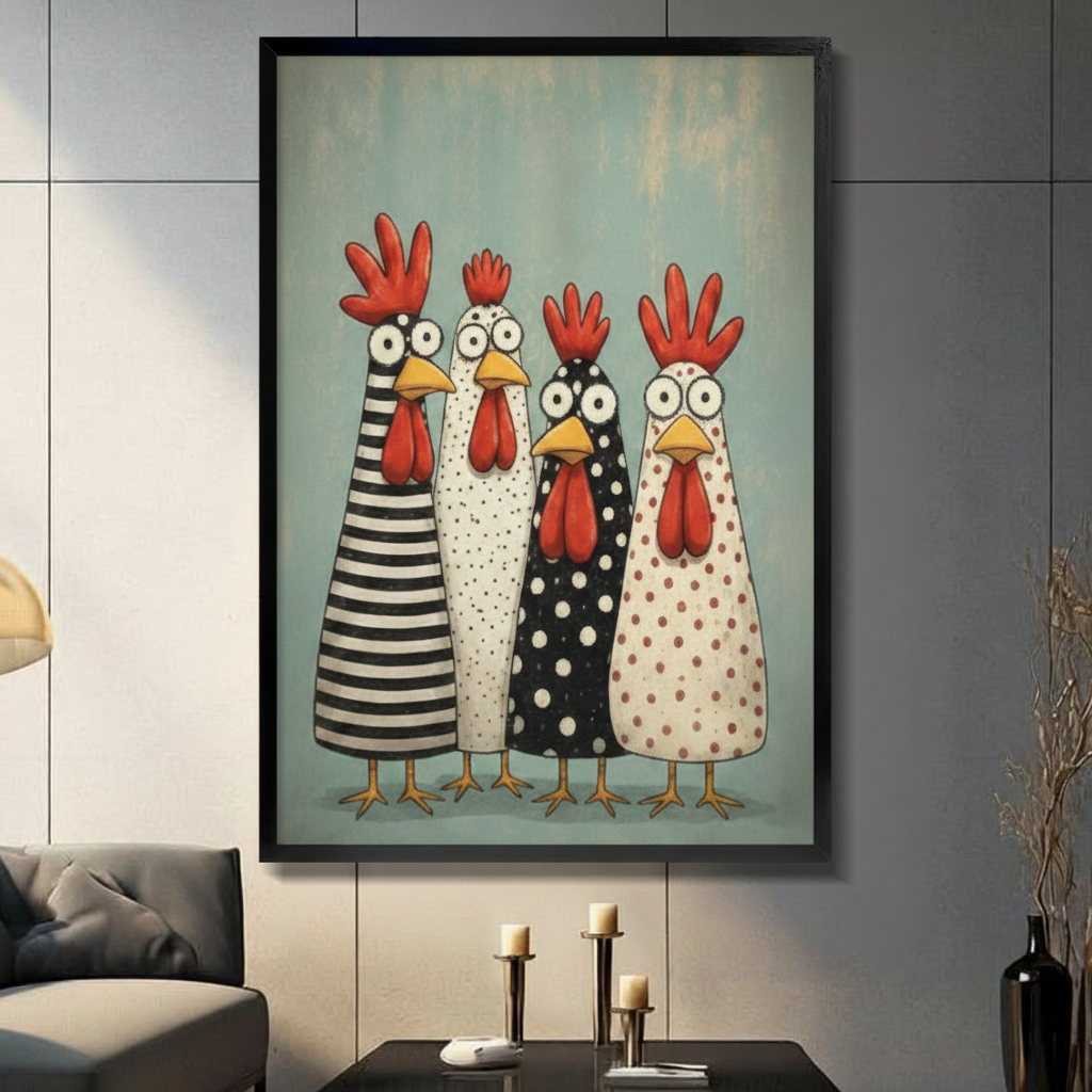 Funny patterned chicken folk art black framed canvas wall art displayed in modern living room with gray tile wall and candlesticks