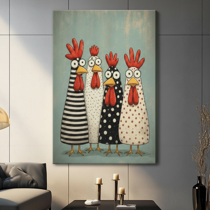 Funny patterned chicken folk art frameless stretched canvas wall art displayed in modern living room with gray tile wall and candlesticks