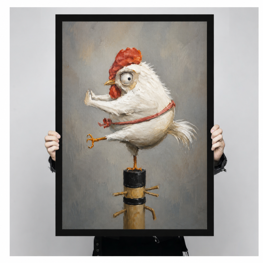 Person holding a framed canvas art print showing a whimsical white rooster gripping a golden key while perched on a post, demonstrating print size