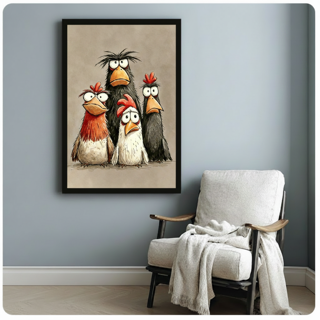 Humorous cartoon chicken canvas print black frame blue gray wall armchair whimsical farmhouse home decor