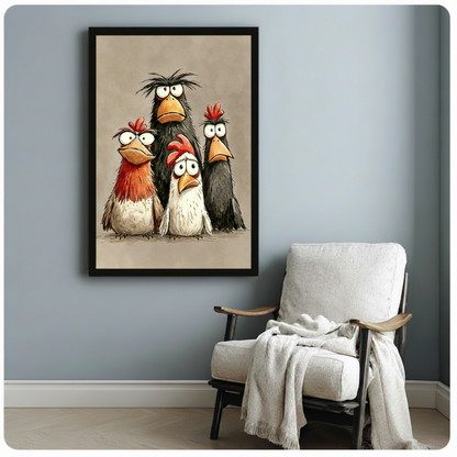 Humorous cartoon chicken canvas print black frame blue gray wall armchair whimsical farmhouse home decor