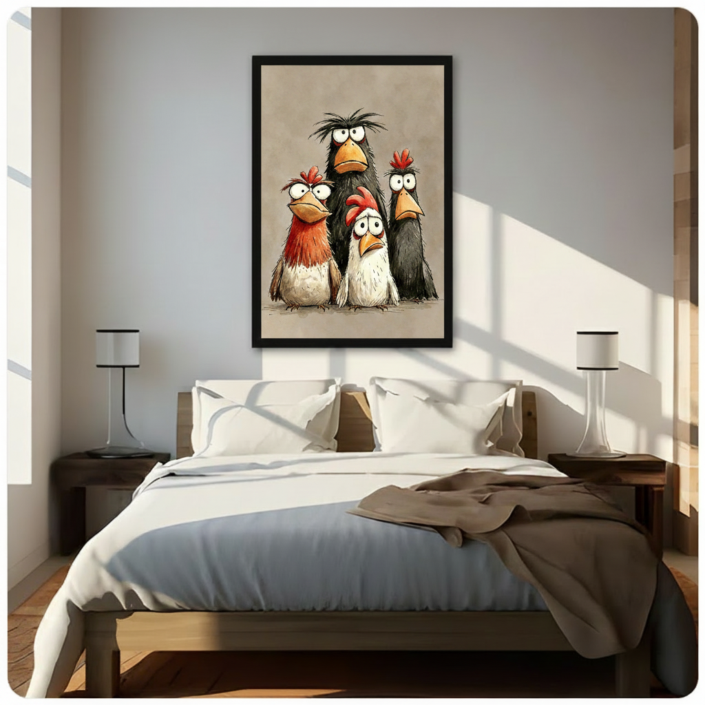 Quirky chicken canvas art black framed above bed bedroom scene funny cartoon farmhouse illustration wall decor