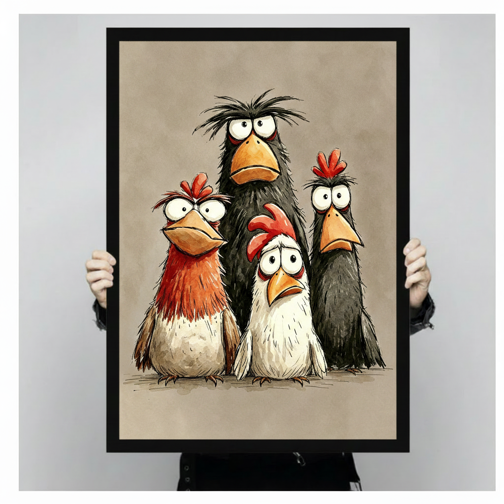 Hand holding large framed funny chickens canvas print bold cartoon illustration quirky farmhouse animal wall art