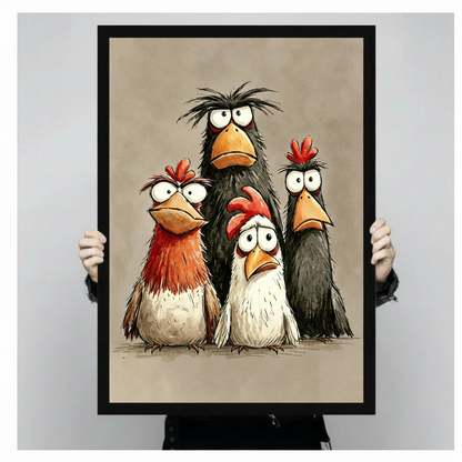 Hand holding large framed funny chickens canvas print bold cartoon illustration quirky farmhouse animal wall art