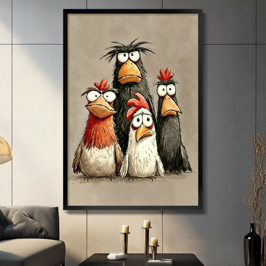 Funny quirky chickens framed canvas wall art dark living room bold cartoon farmhouse illustration modern decor
