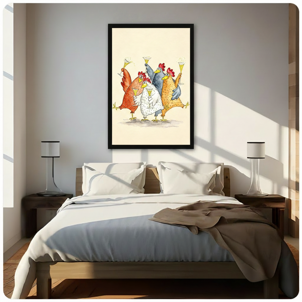 funny chickens champagne party framed canvas black frame bedroom above bed nightstand lamps warm light