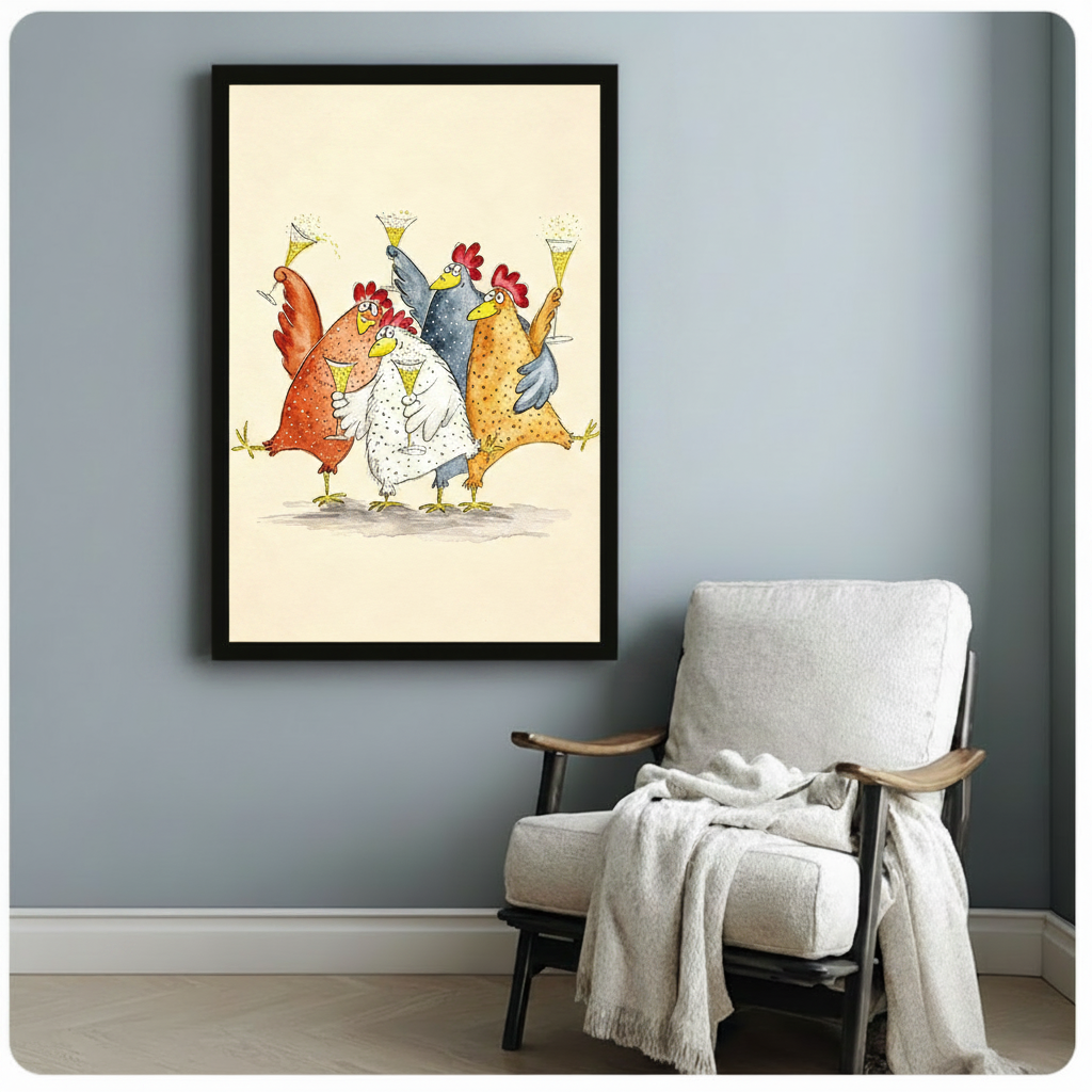 funny rooster champagne celebration framed canvas black frame blue gray wall white armchair cozy reading nook