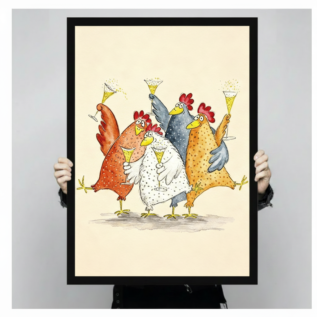 colorful chicken toast wall art black framed canvas hands holding size display whimsical animal print