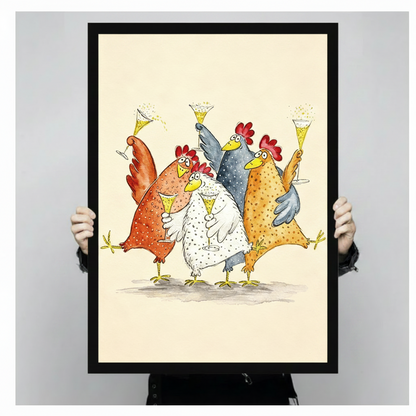 colorful chicken toast wall art black framed canvas hands holding size display whimsical animal print