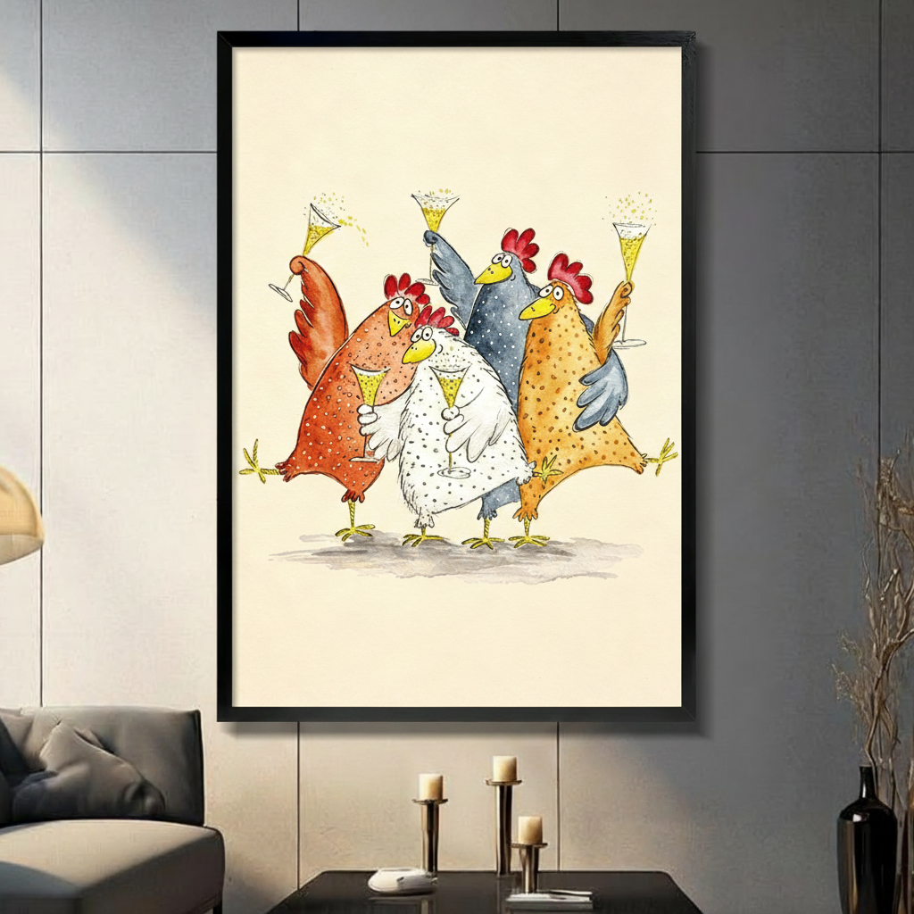 funny chickens champagne toast framed canvas wall art black frame gray living room sofa candle holders