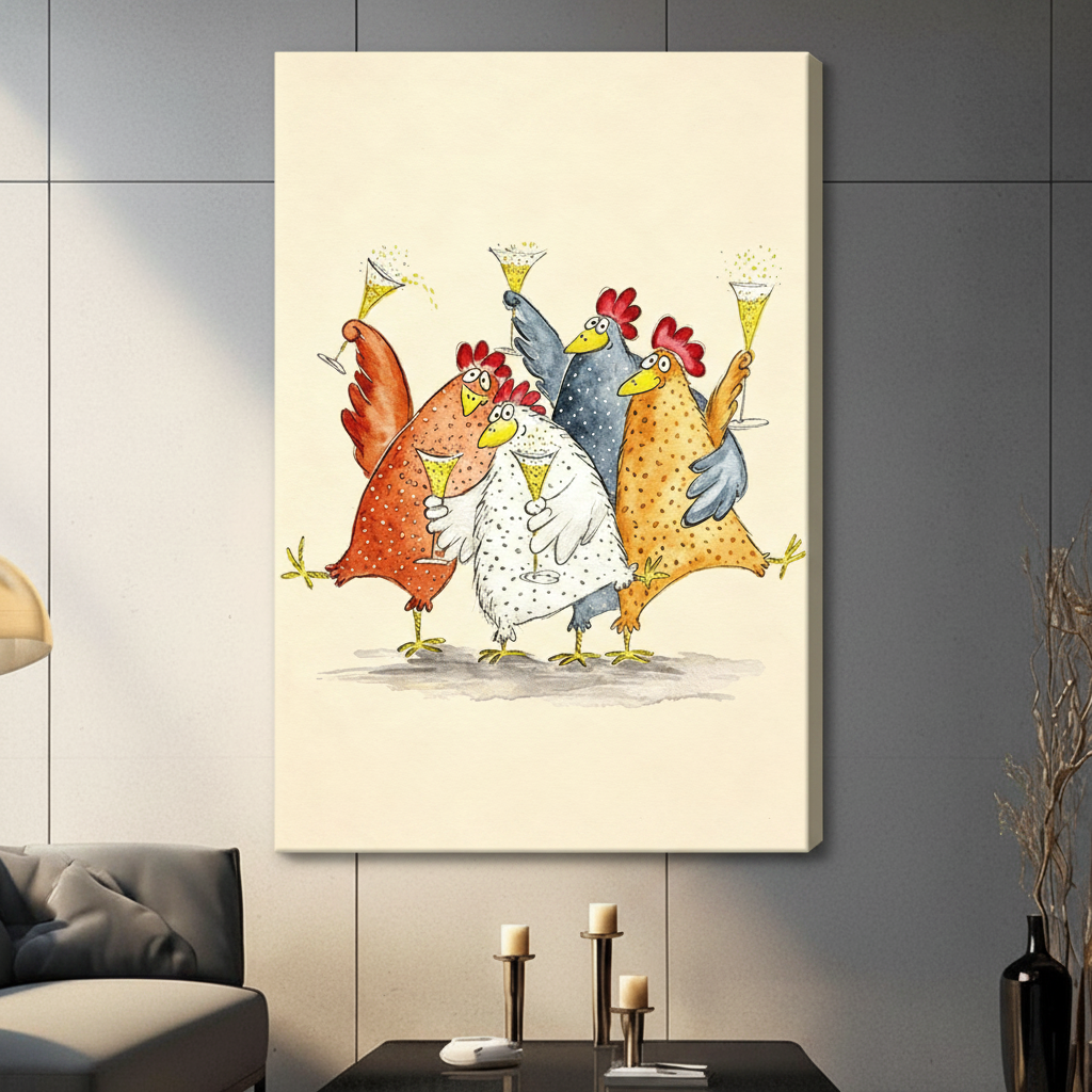 whimsical chicken watercolor art stretched canvas no frame gray wall candle holders farmhouse decor