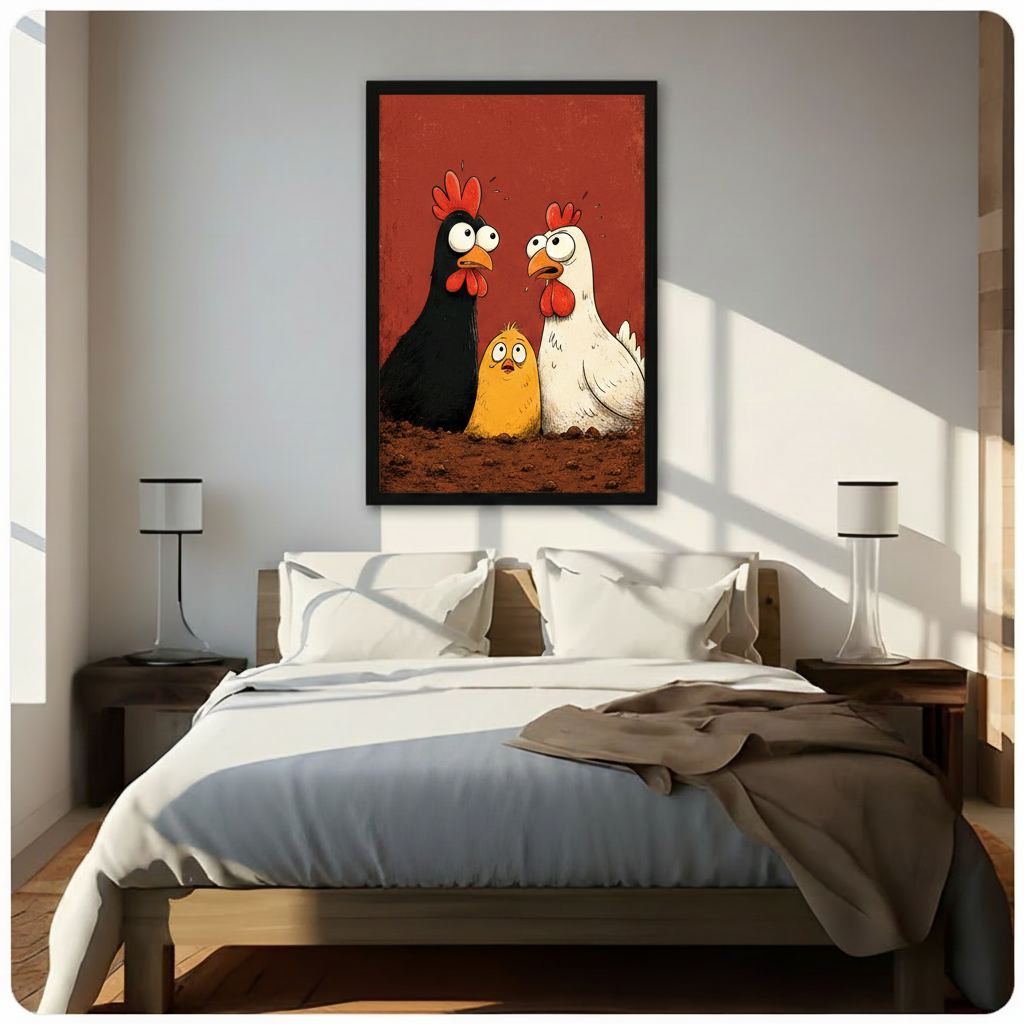 cartoon chicken trio framed canvas wall art above bed bedroom warm sunlight white bedding farmhouse humor decor