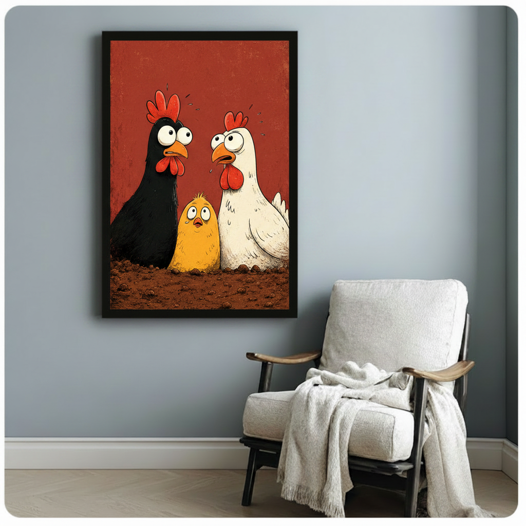 funny black white chicken family framed canvas blue gray wall white armchair cozy living room animal art decor