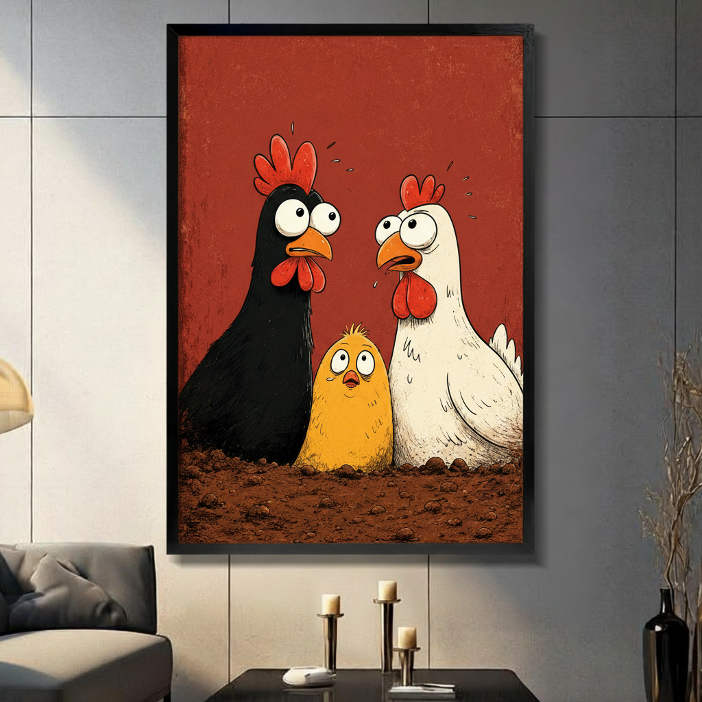 whimsical chicken family black frame gray paneled wall living room candle holders bold cartoon animal statement piece