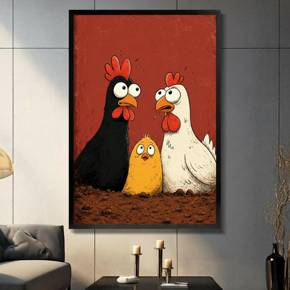 whimsical chicken family black frame gray paneled wall living room candle holders bold cartoon animal statement piece