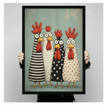 Person holding funny patterned chicken folk art black framed canvas wall art size reference mint green background