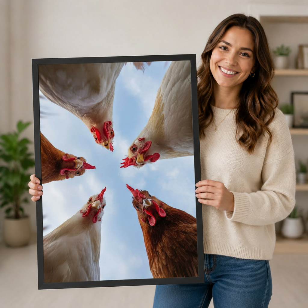 Smiling woman holding a large framed wall art print showing five curious chickens with red combs peering down in a dramatic worm's-eye view against a blue sky, demonstrating print size and premium black frame quality