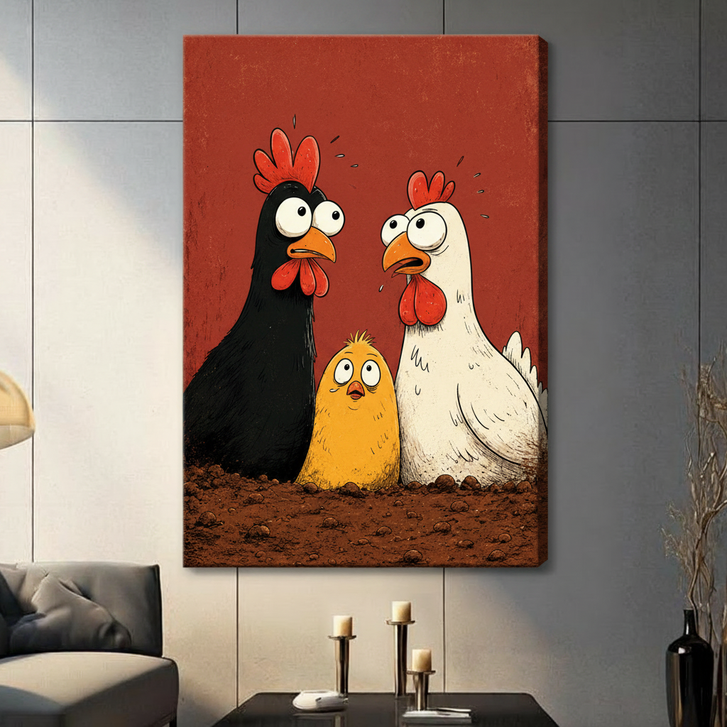 funny chicken trio stretched canvas no frame gray paneled wall living room dark red background bold farmhouse decor