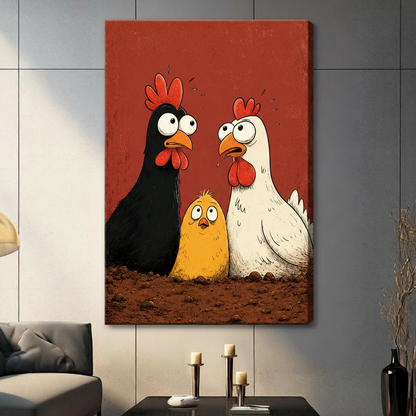 funny chicken trio stretched canvas no frame gray paneled wall living room dark red background bold farmhouse decor