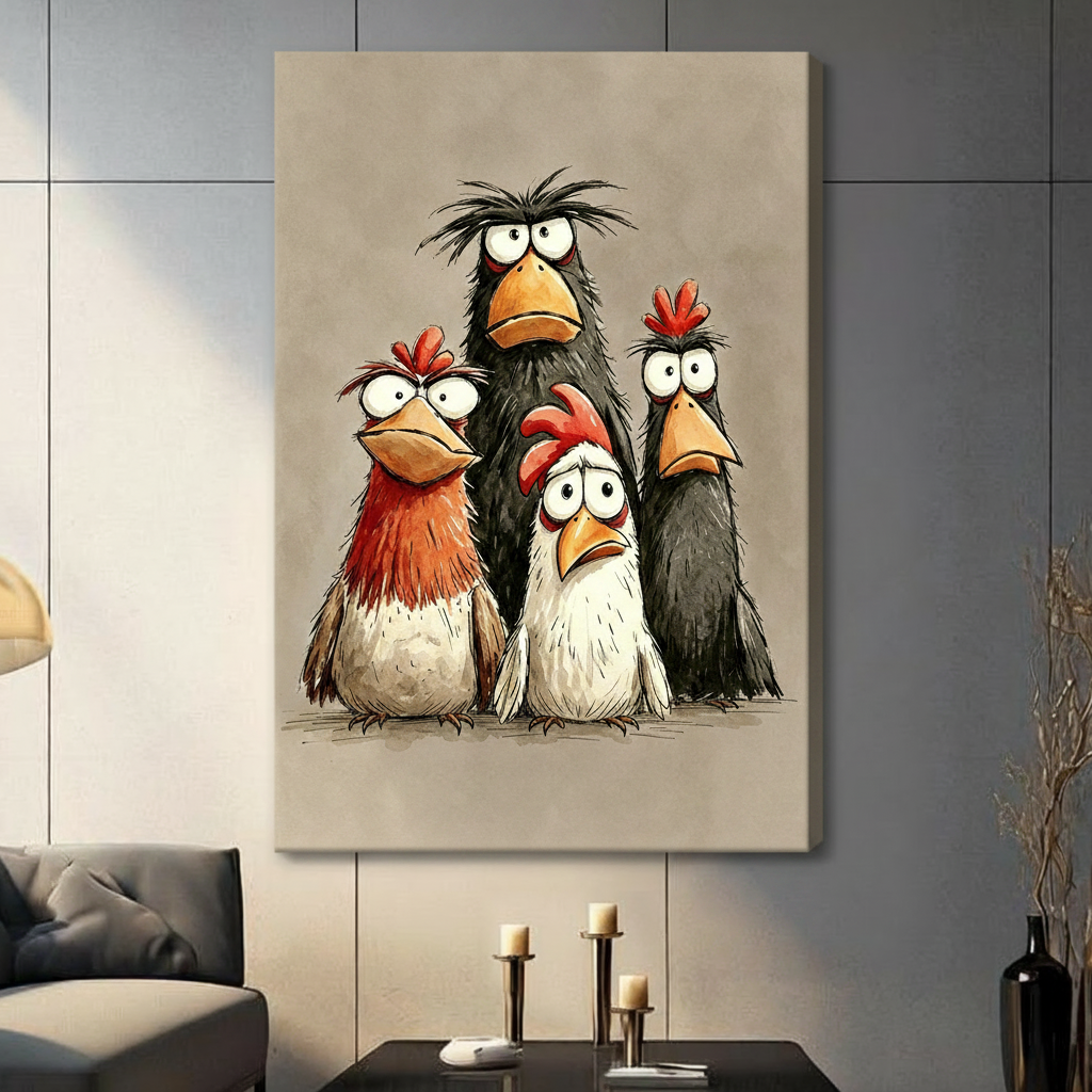 Stretched gallery wrap funny chickens canvas art sandy beige background dark living room farmhouse wall decor