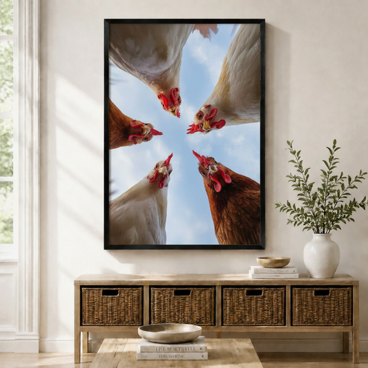 Framed humorous wall art print of five curious chickens with red combs peering down from a dramatic worm's-eye view against a bright blue sky, displayed above a wicker storage console in a bright Scandinavian entryway