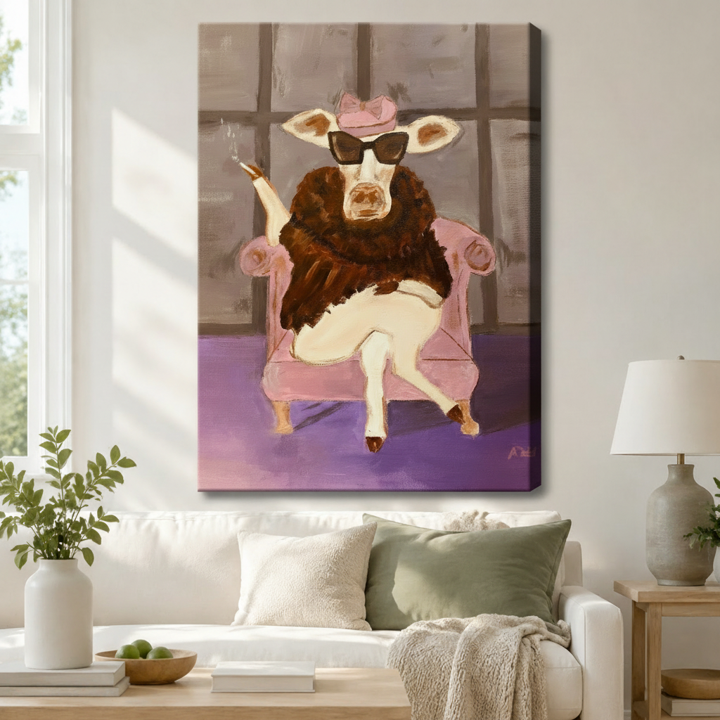 Funny cow wearing pink hat seated in armchair gallery wrap canvas art above white sofa — eclectic home decor