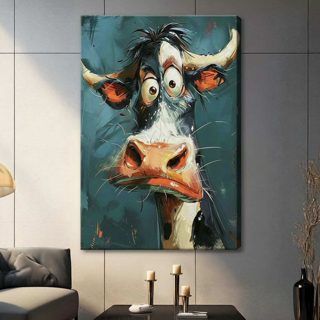 Funny cartoon cow expressive impasto stretched canvas wall art without frame on light gray tile wall in contemporary living room with gray sofa candle holders and decorative black vase, gallery-wrapped close-up portrait of bug-eyed cartoon cow with wild tousled black hair curved ivory horns orange-red ears and oversized muzzle on deep teal gestural background