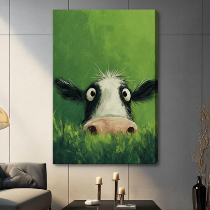 Gallery wrap stretched canvas of a humorous black and white cow peeking through green grass hung frameless on a dark gray wall above candlestick holders and black vase