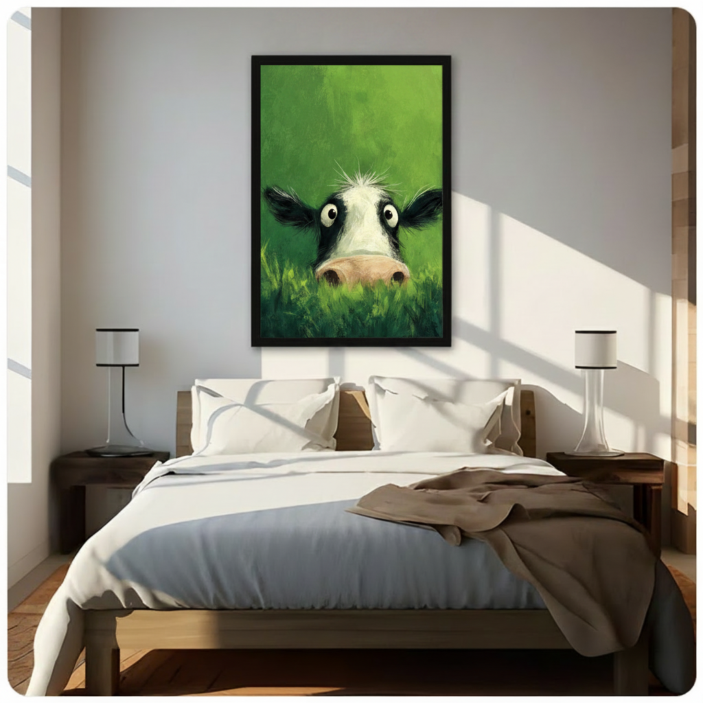 Black framed humorous peekaboo cow wall art canvas hung above a dark wood bed with white linen bedding in a sunlit neutral bedroom with warm diagonal light and glass table lamps